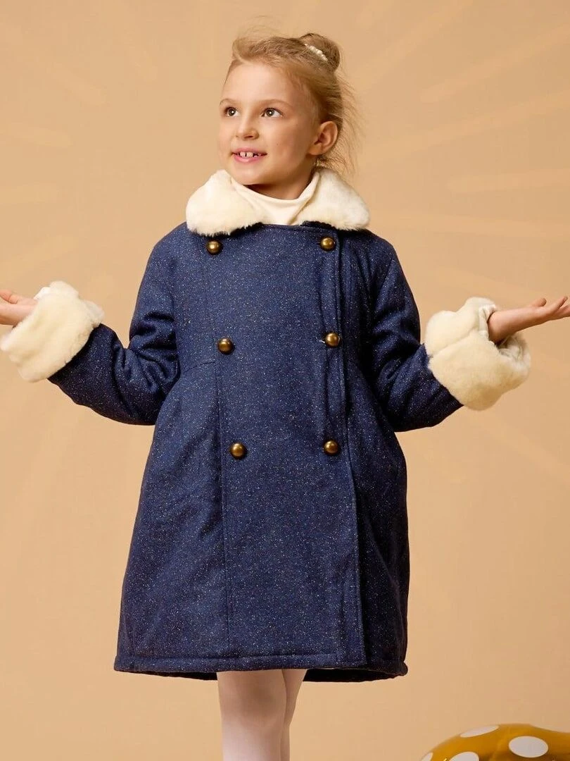 Manteau Laine Tweed Bleu Marine Fille Fausse Fourrure ANOUSHKA 'LA FAUTE A VOLTAIRE' Bleu marine