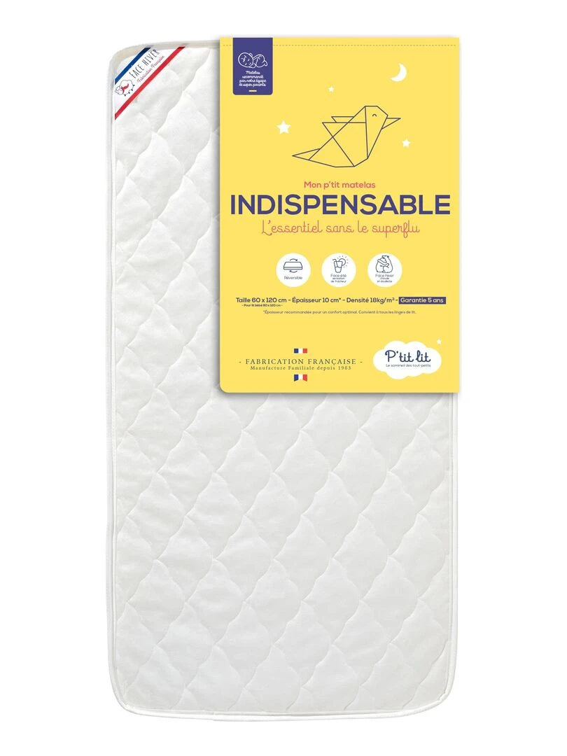 Matelas Bébé Indispensable 70x140 cm 1 face Été/1 face Hiver Blanc