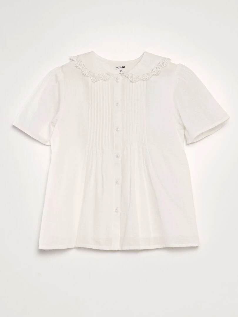 Blouse col claudine en tissu texturé blanc