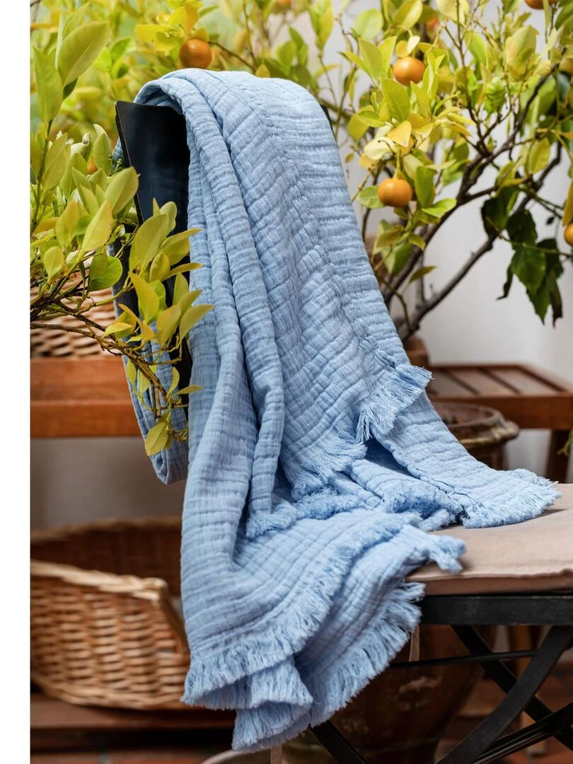 Plaid gaze de coton matelassé Bleu ciel