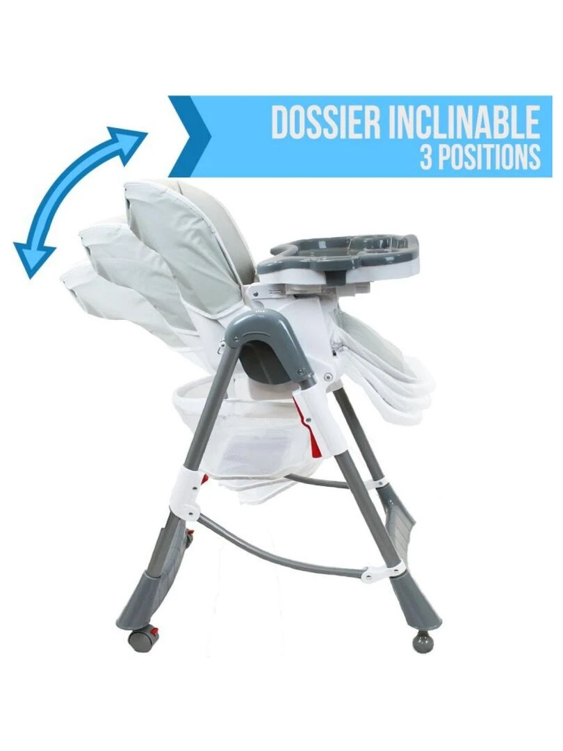 Chaise haute bébé  pliable  réglable hauteur  dossier et tablette   Ptite Perle   Monsieur Bébé   Gris