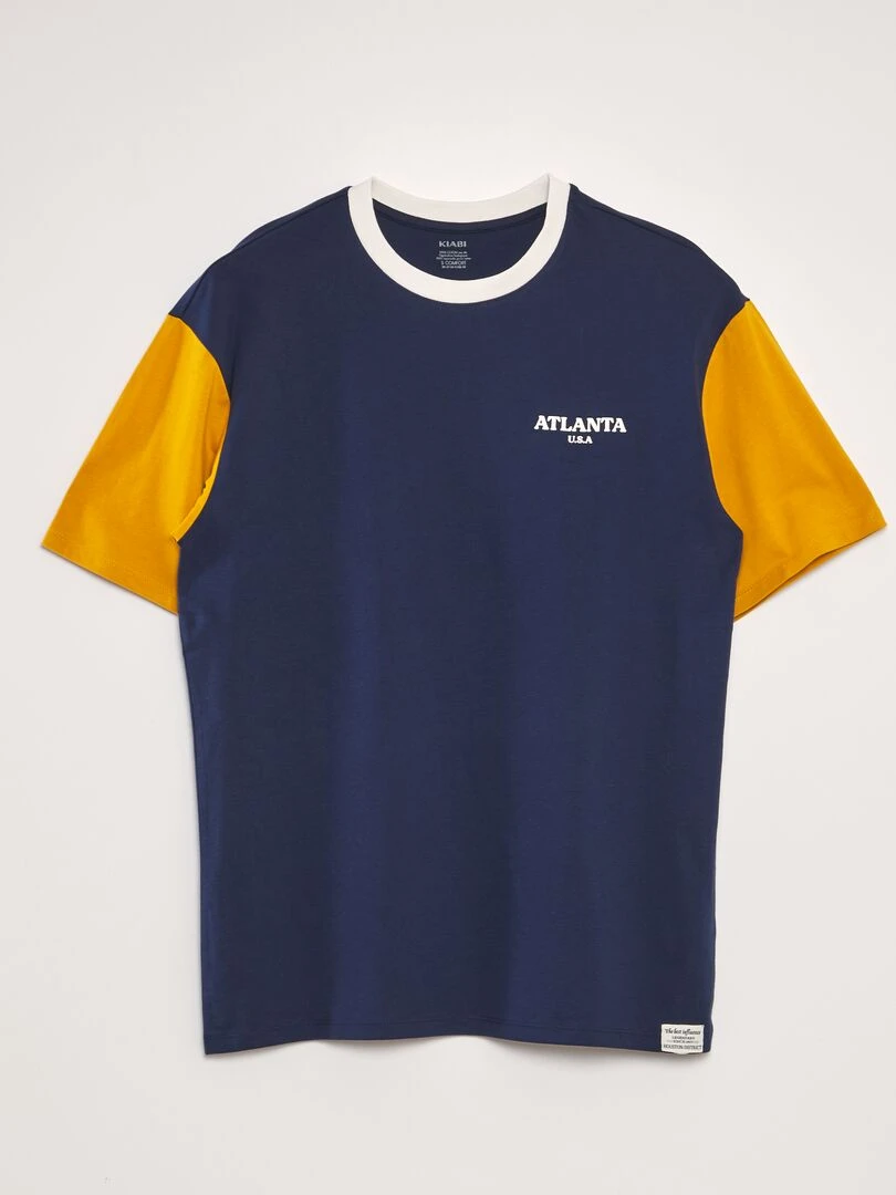 T shirt color block à col rond Bleu marine/jaune