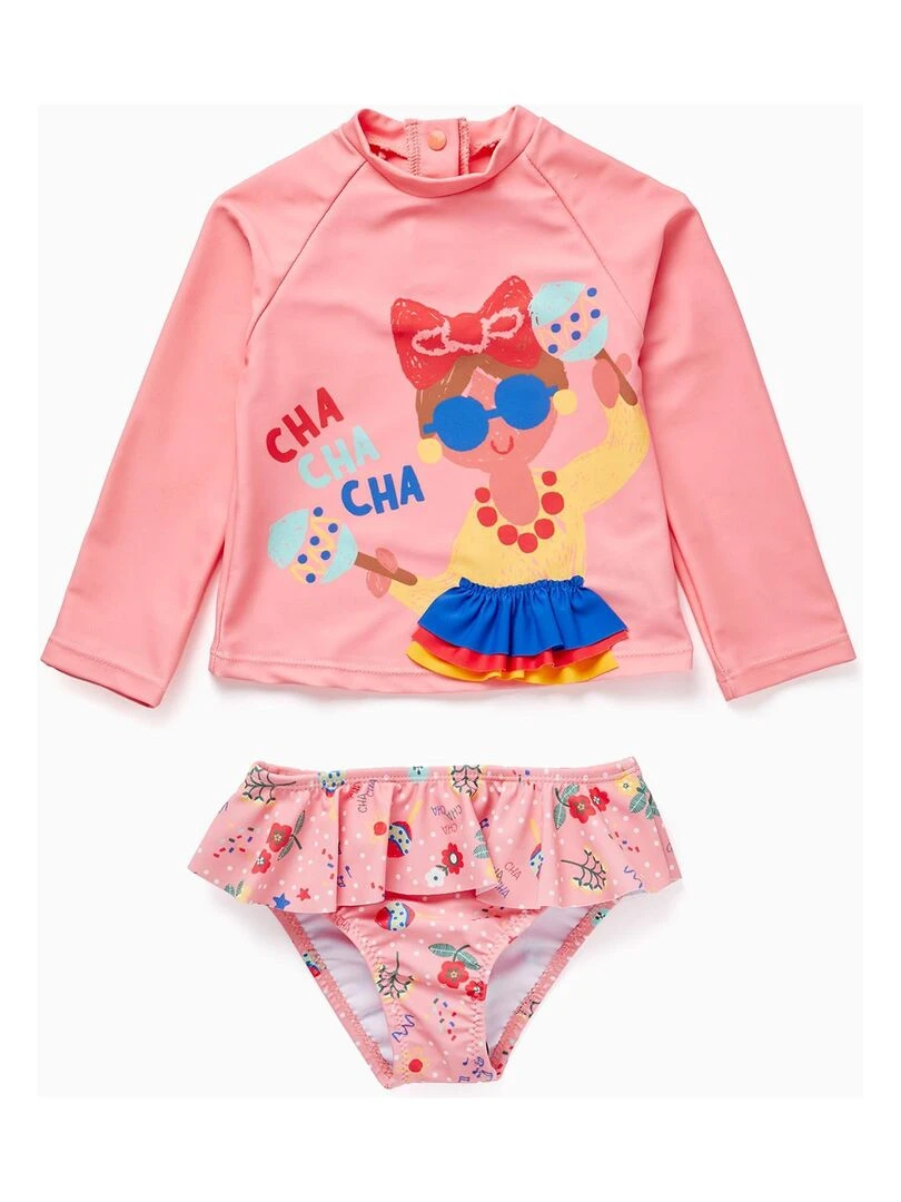 T Shirt + Culotte de Bain UPF80 pour Bébé Fille 'CHA CHA CHA' Rose