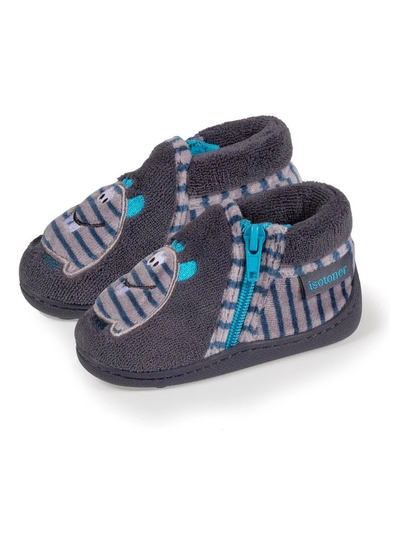 Chaussons Bottillons zip Bébé Monstre rayé Gris