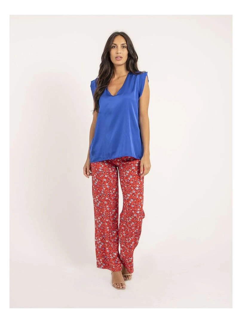 Top col V satin FIKA   Bleu roi