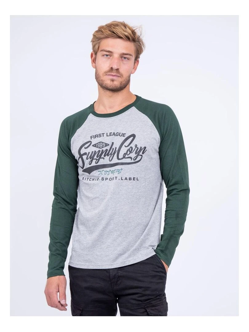 T shirt manches longues col rond pur coton JANDAT Vert