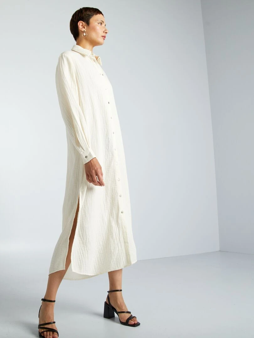 Robe longue forme chemise en double gaze de coton Blanc