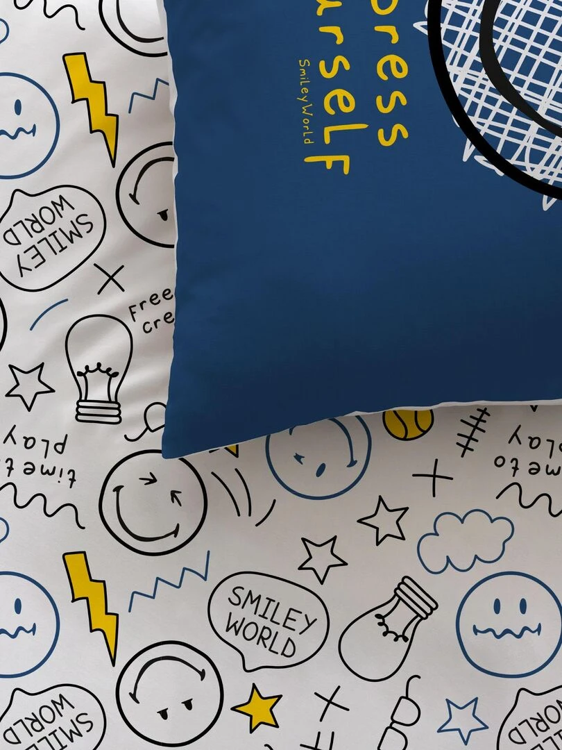 Parure de lit imprimée 100% coton SMILEY WORLD SCRIBBLE Bleu marine