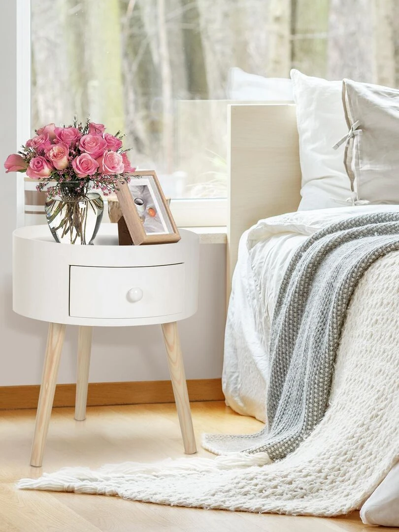 Chevet table de nuit ronde 1 tiroir design scandinave bicolore Blanc