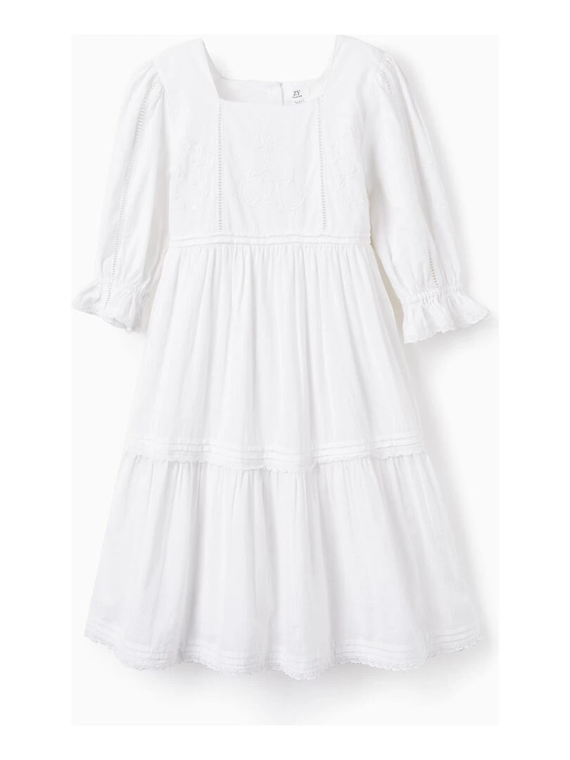 Robe En Coton Avec Broderies Pour Fille manches courtes CEREMONY COLLECTION Blanc