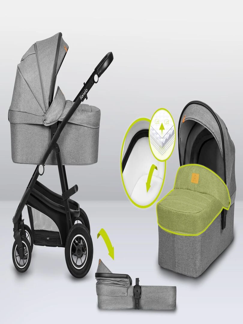 LIONELO Bianka 3 en 1   Poussette Trio   Jusqu'à 22Kg   Gris   Gris Noir