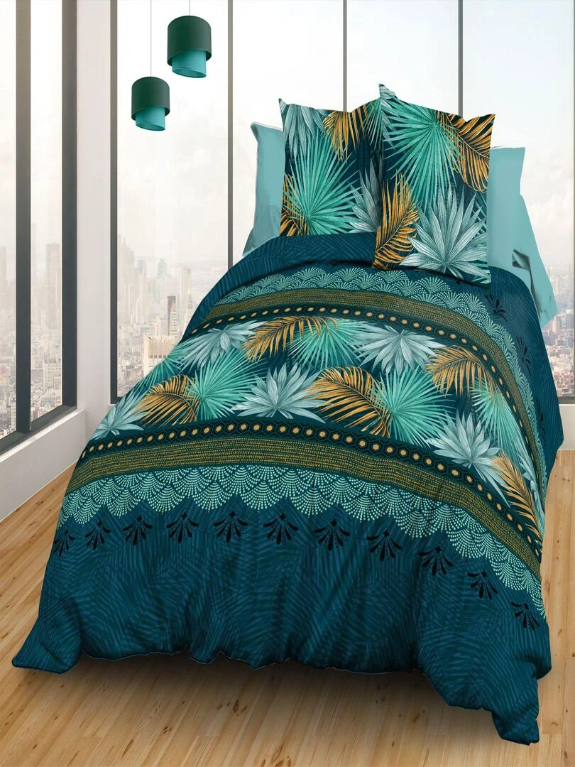 Parure Drap plat + drap housse 140x190 + 2 T Pur coton 57 fils Paraiso Bleu