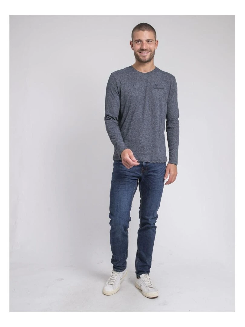 T shirt manches longues col rond pur coton JABERTOLO   Bleu marine