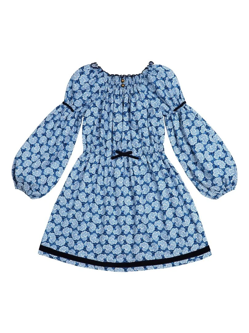 Robe Intersaison Fleurie  Roi  Fille  Col Smocks  CHIMENE   'LA FAUTE A VOLTAIRE'   Bleu Blanc Bleu