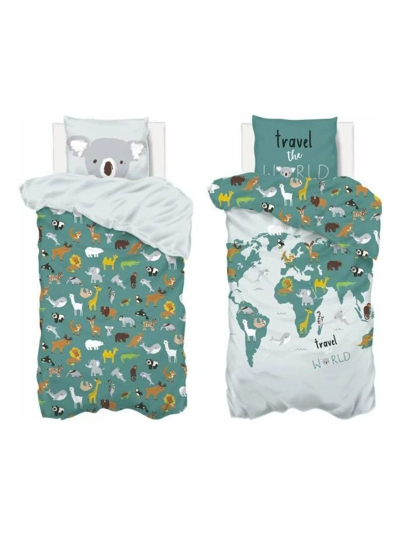 Housse de couette enfant 140x200 Carte du monde + taie 100% coton 57 fils Bleu