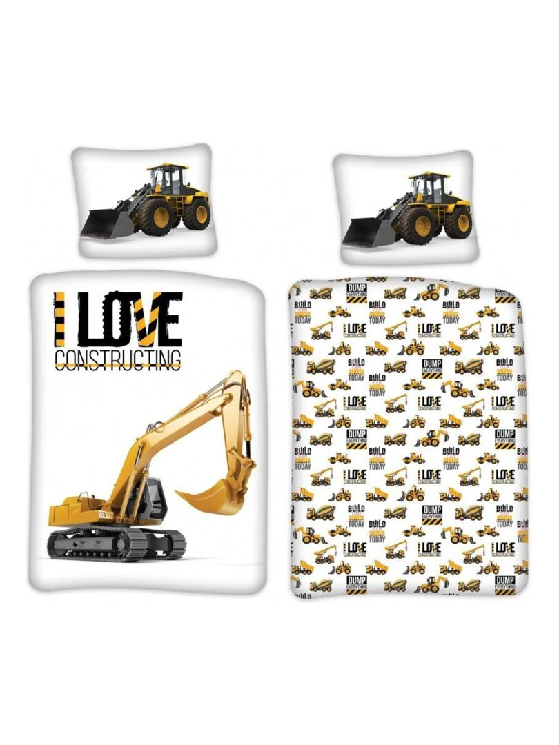 Parure de Lit Bébé Coton Réversible Pelleteuse Tracteur   Blanc