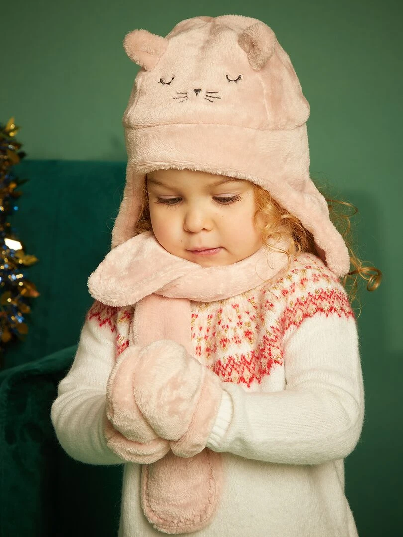 Ensemble bonnet + écharpe + moufles Rose