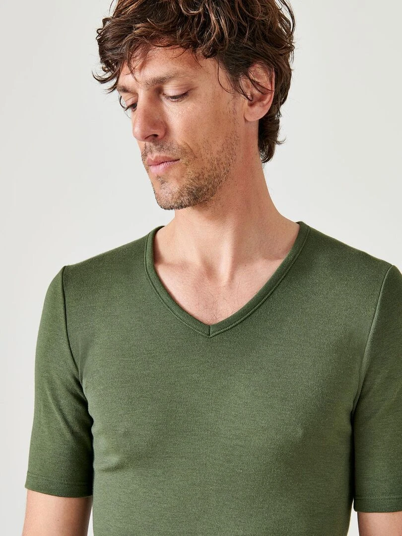 T shirt col V manches courtes maille classique Thermolactyl   Damart   Kaki
