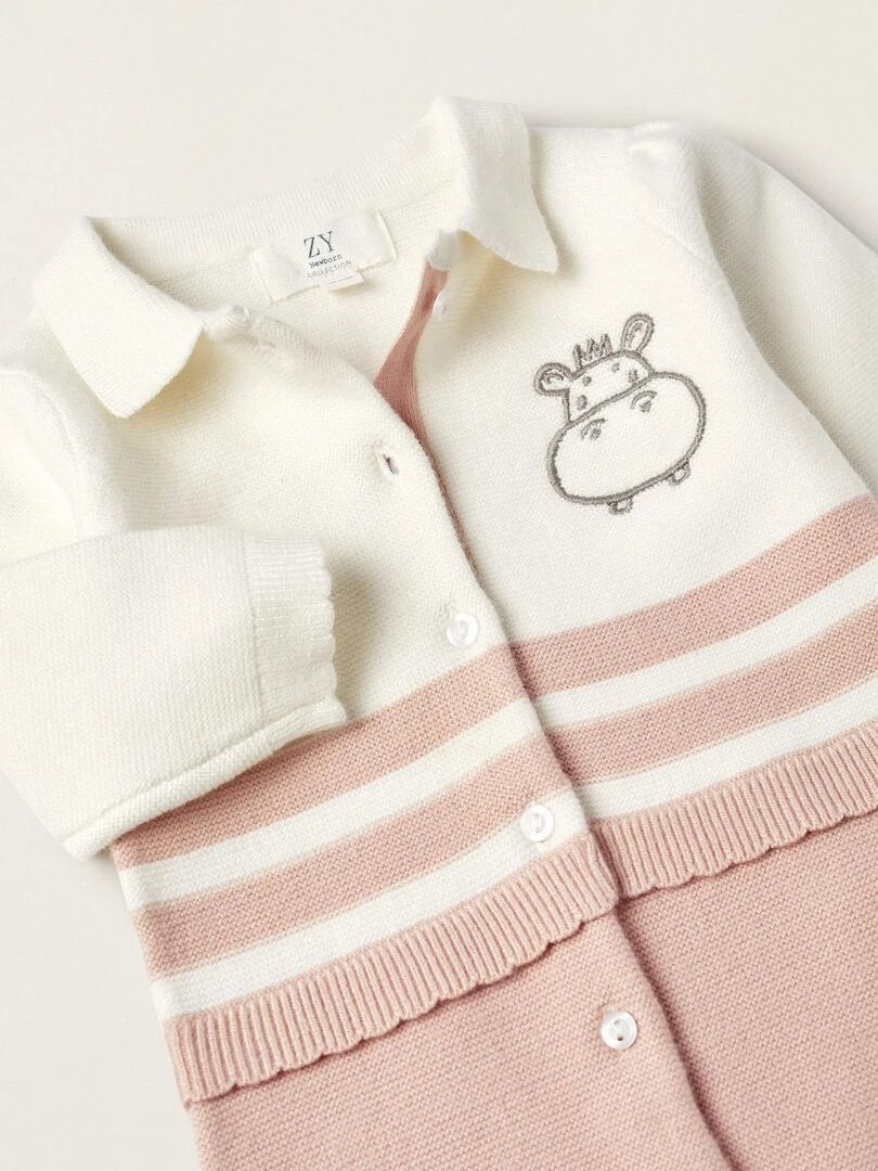 Combinaison en maille avec pieds pour nouveau né 'Hippopotame' manches longues EARLY BLOOM   Rose clair