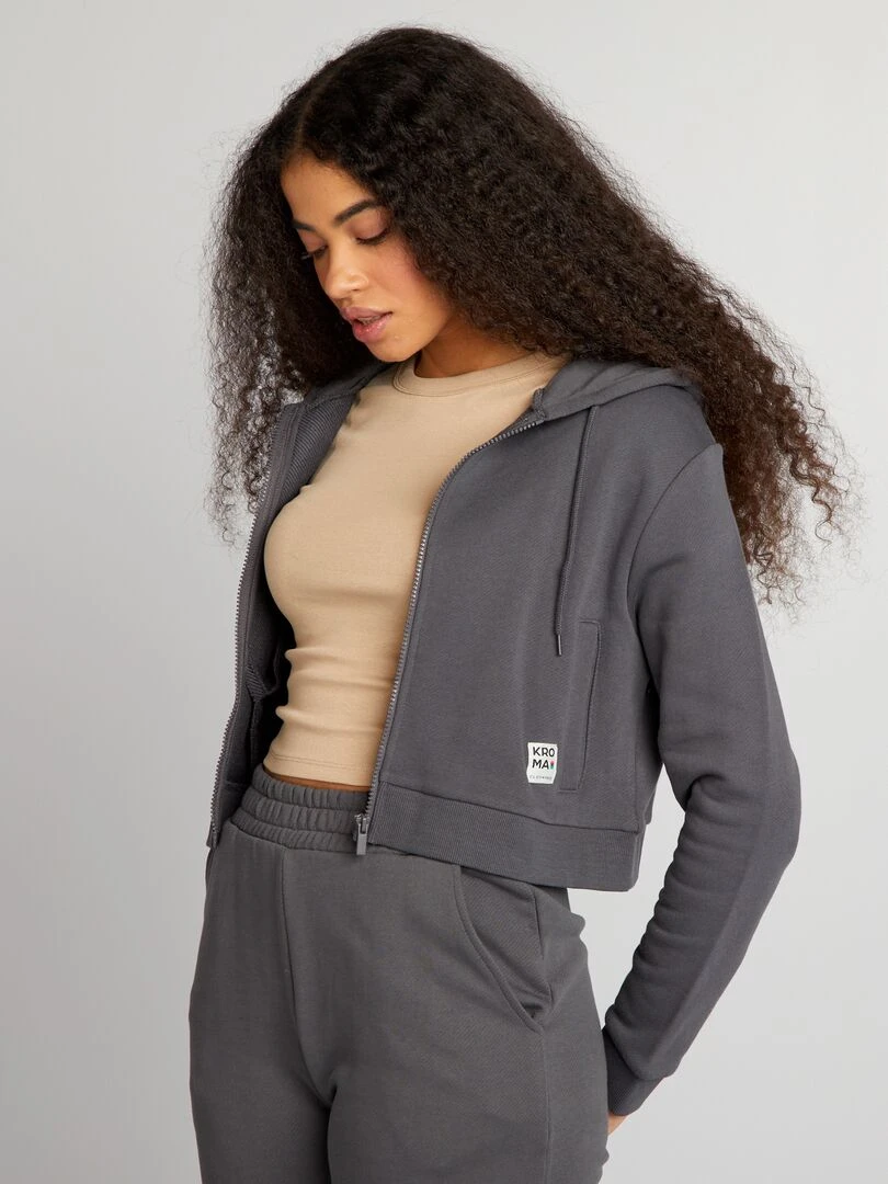 Sweat zippé à capuche uni Gris