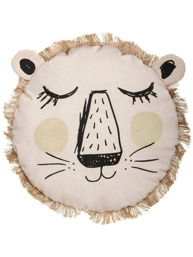Coussin rond lion franges 38 cm Beige