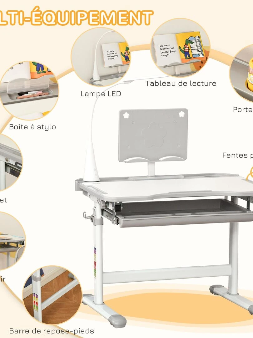 Bureau enfant avec chaise réglables lampe et support inclus   Gris