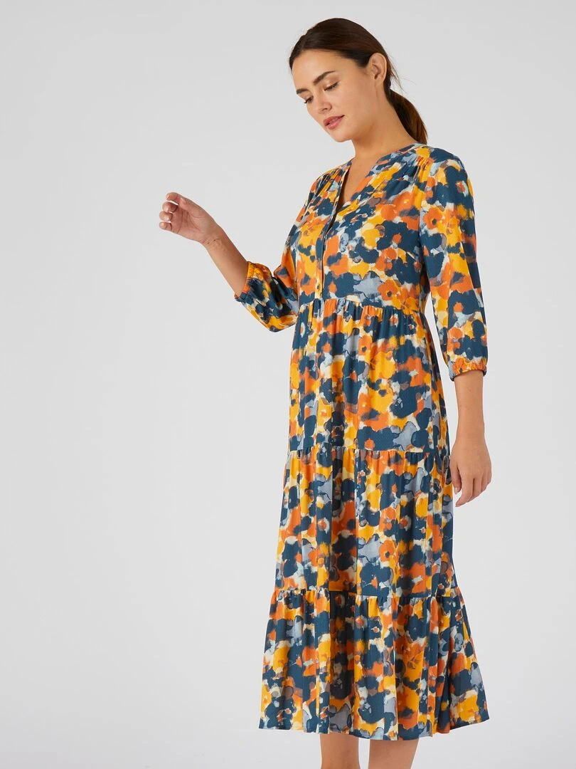 Robe longue imprimée à volants   Damart   Bleu
