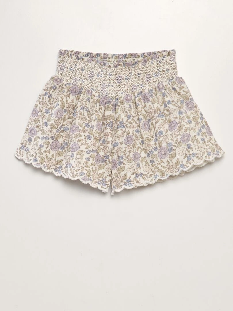 Short en gaze de coton avec taille smockée Fleuri