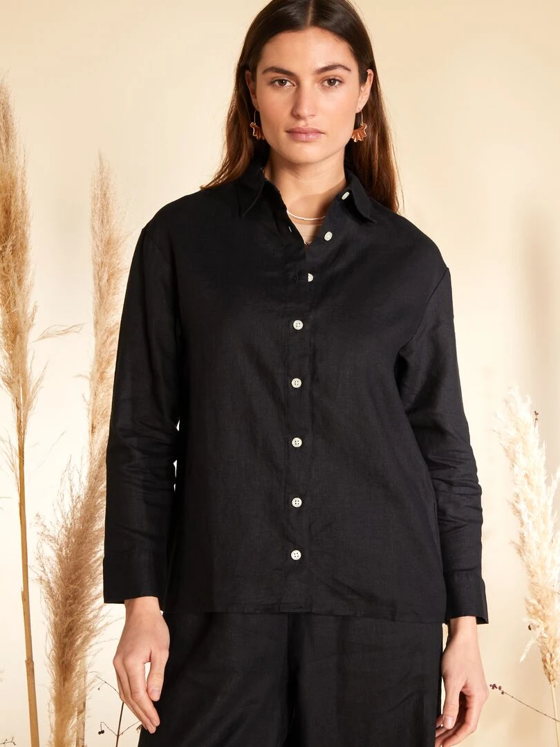 Chemise ample en lin à manches longues   noir