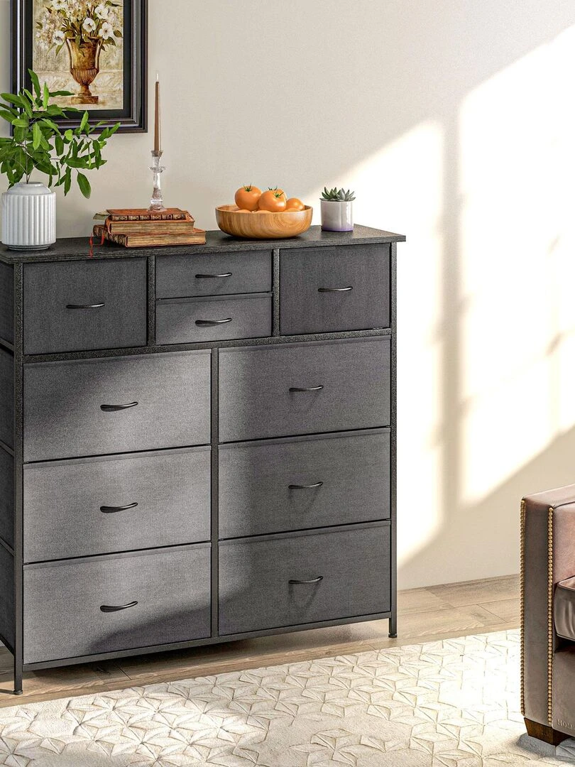 Rangement commode 10 tiroirs plateau acier MDF non tissé noir   Noir