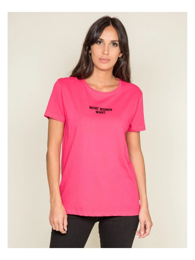 T shirt col rond message FOMEREY Rose fushia