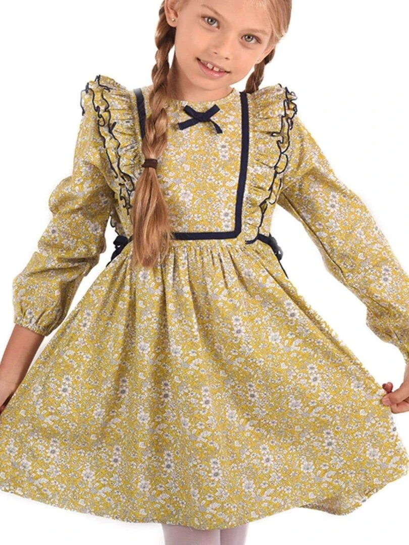 Robe Fleurie Hiver Fille  Coton Jaune Bleu  APPOLINE   'LA FAUTE A VOLTAIRE'   Jaune
