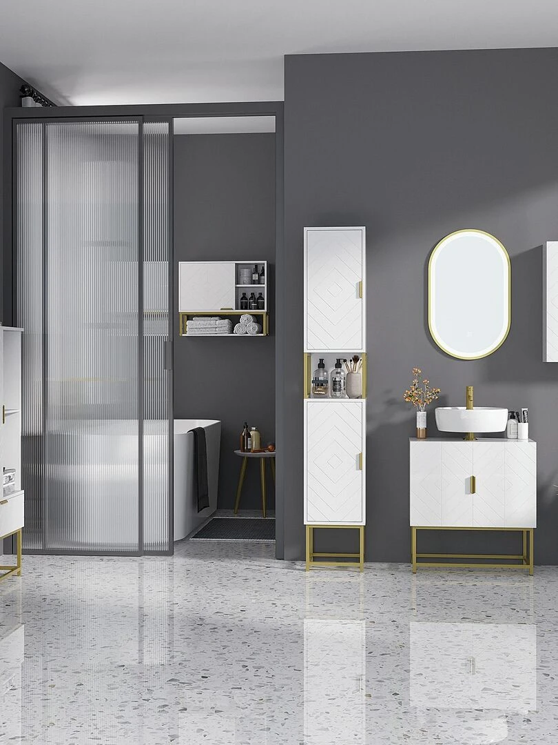 Armoire murale de salle de bain acier doré MDF blanc Blanc