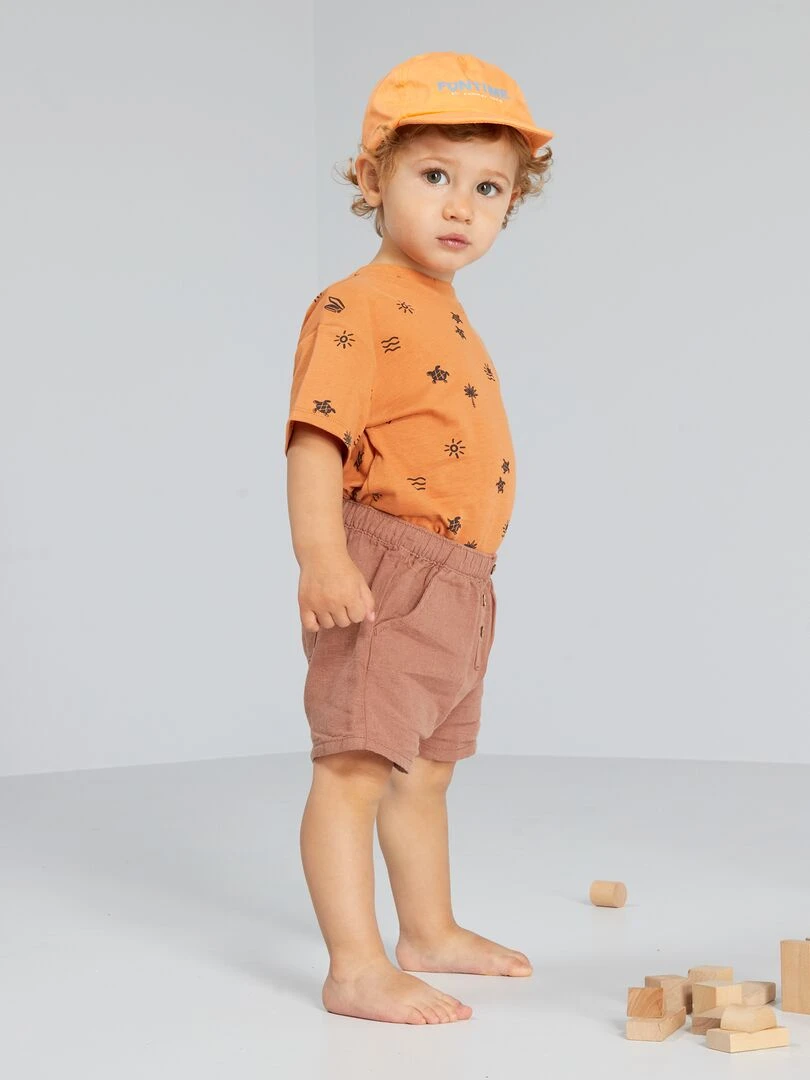 Short uni en coton et en lin Marron