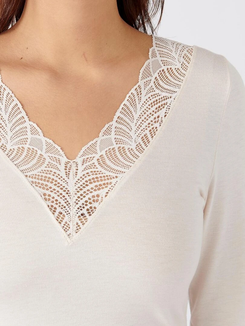 T shirt manches longues dentelle Thermolactyl invisible Damart Beige sable