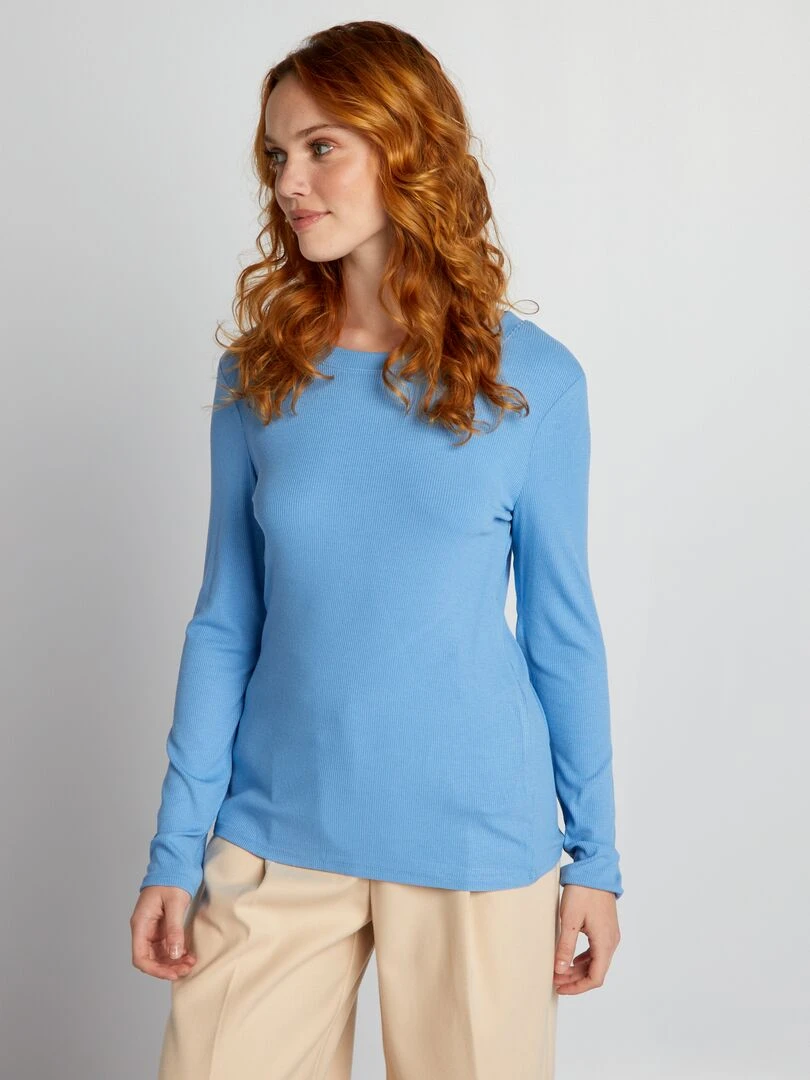 T shirt en maille côtelée stretch   Bleu