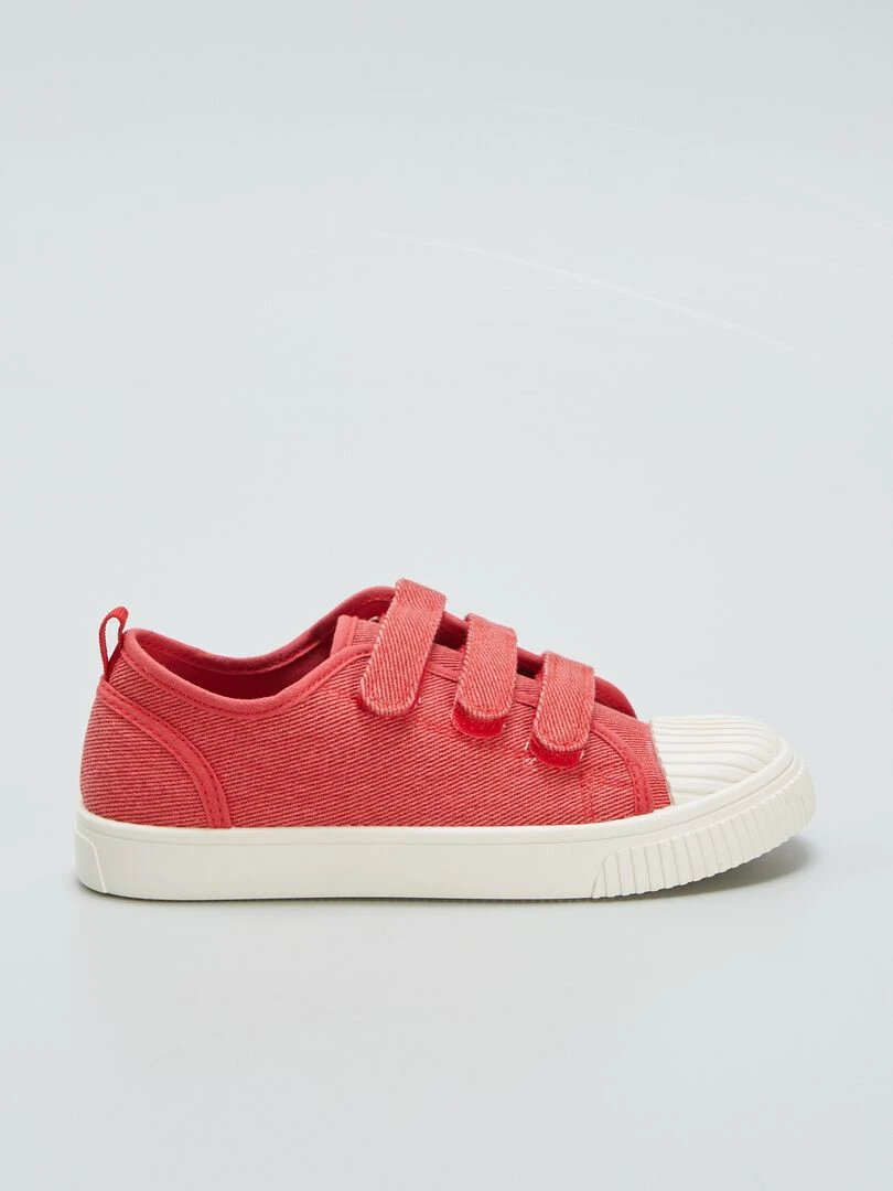 Baskets basses en toile denim à scratchs Rouge