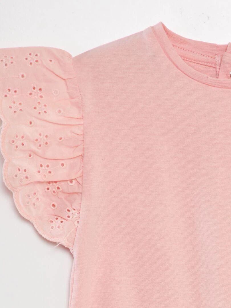 Tee shirt avec manches broderie anglaise   Rose
