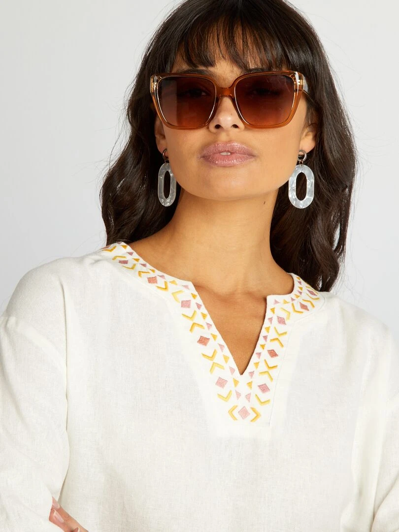 Blouse longue en lin avec col tunisien   Blanc