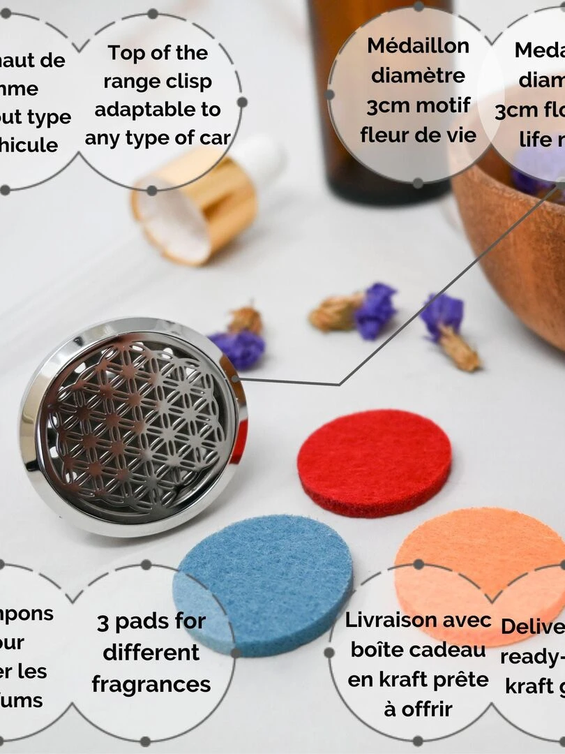 Bijou diffuseur   Aromathérapie Voiture : Élégance et Voyage Sensoriel   Fleur de vie   Gris