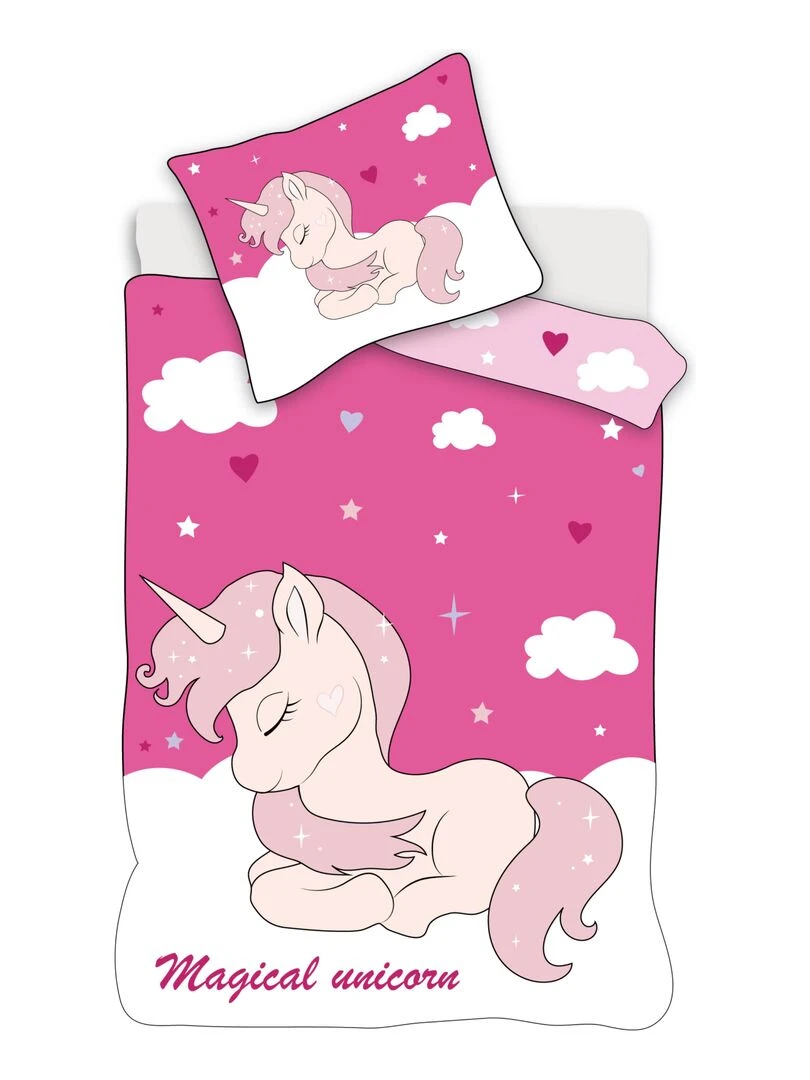 Parure de Lit Bébé Coton Réversible Licorne Magique Rose