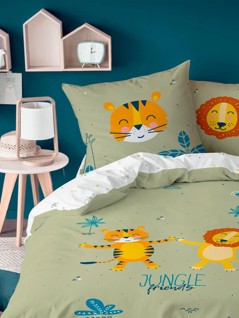 Parure de lit imprimée 100% coton JUNGLE FRIENDS Kaki