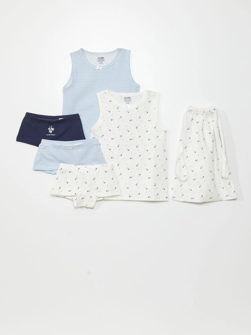 Lot de 2 t shirts + 3 shorties + 1 pochon 6 pièces Bleu