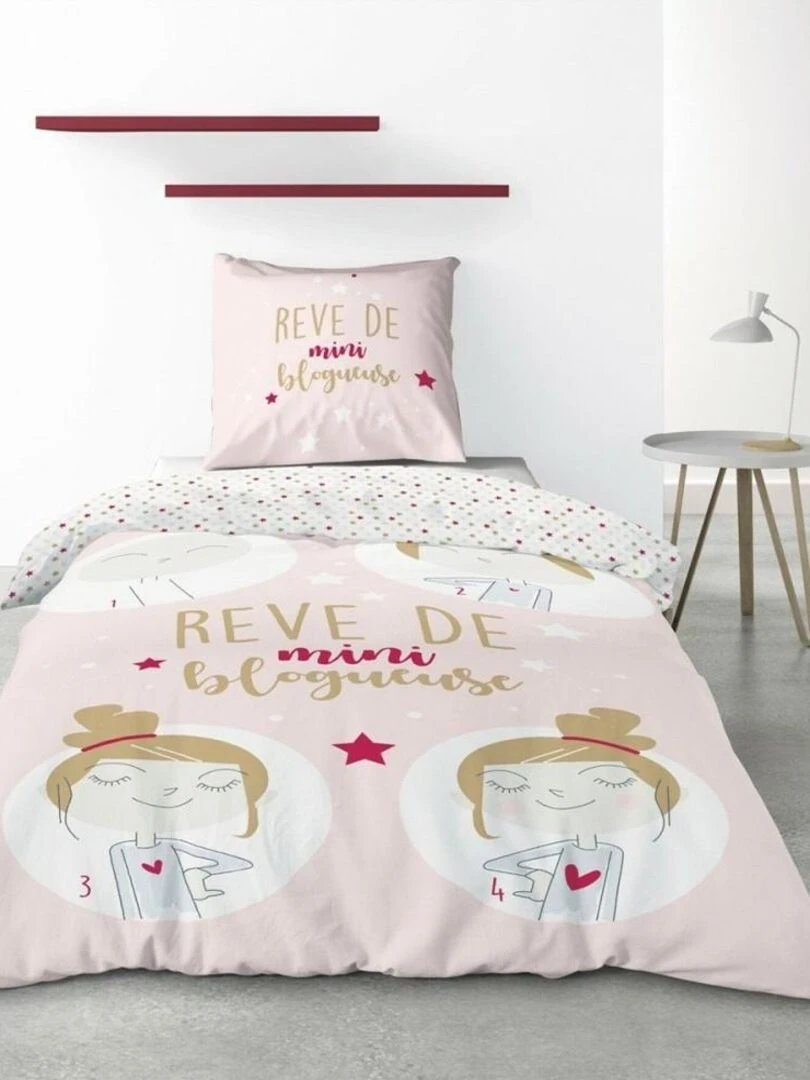 Housse de couette 140x200 Blogueuse + taie 100% coton Rose