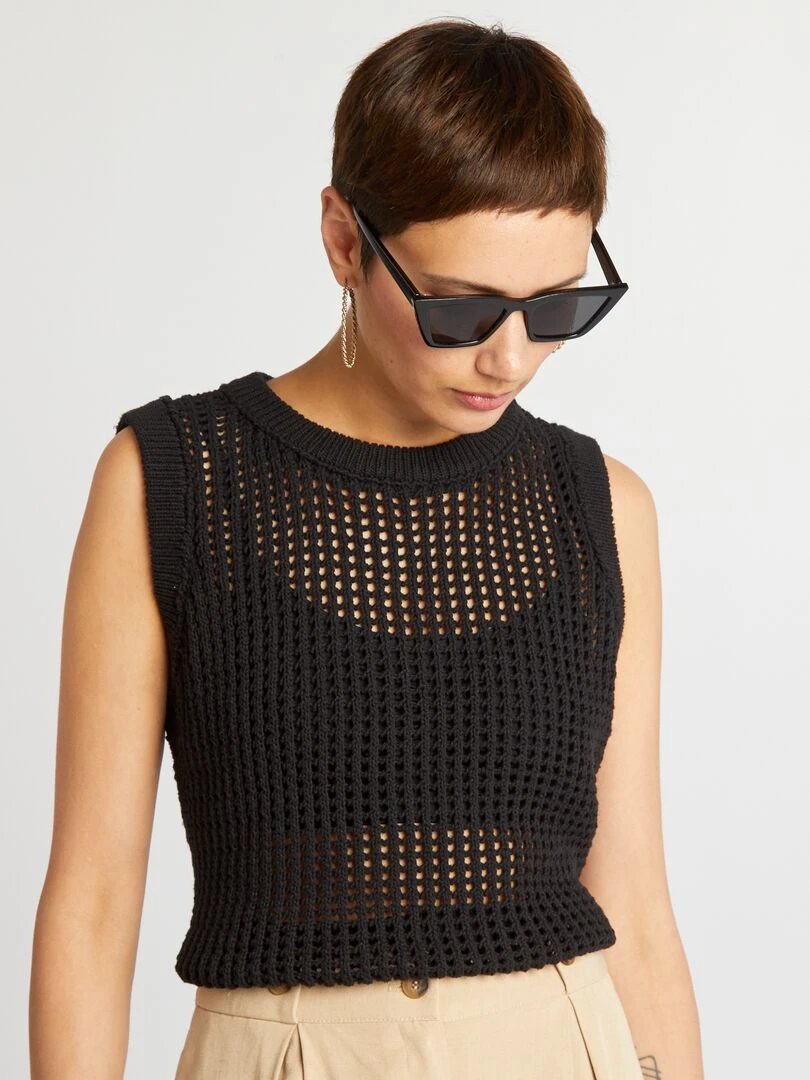 Pull sans manches en maille crochet noir