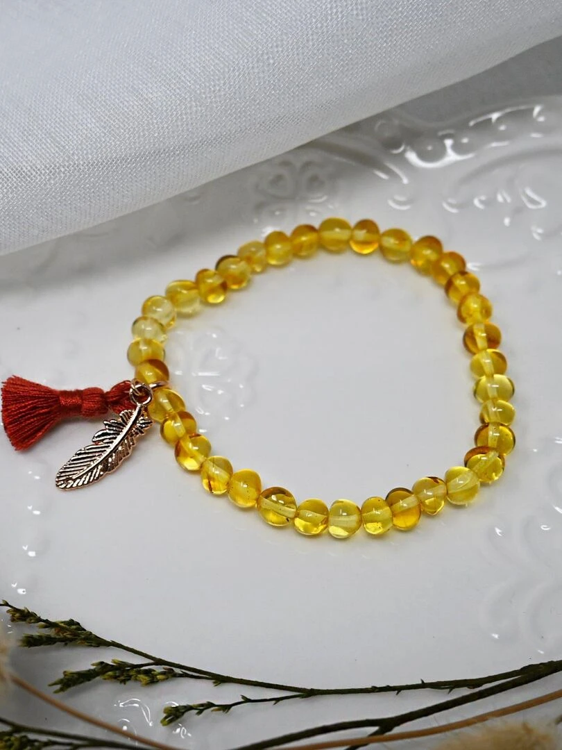 Bracelet adulte   Ambre Honey  pompon rouille et plume or rose   Jaune