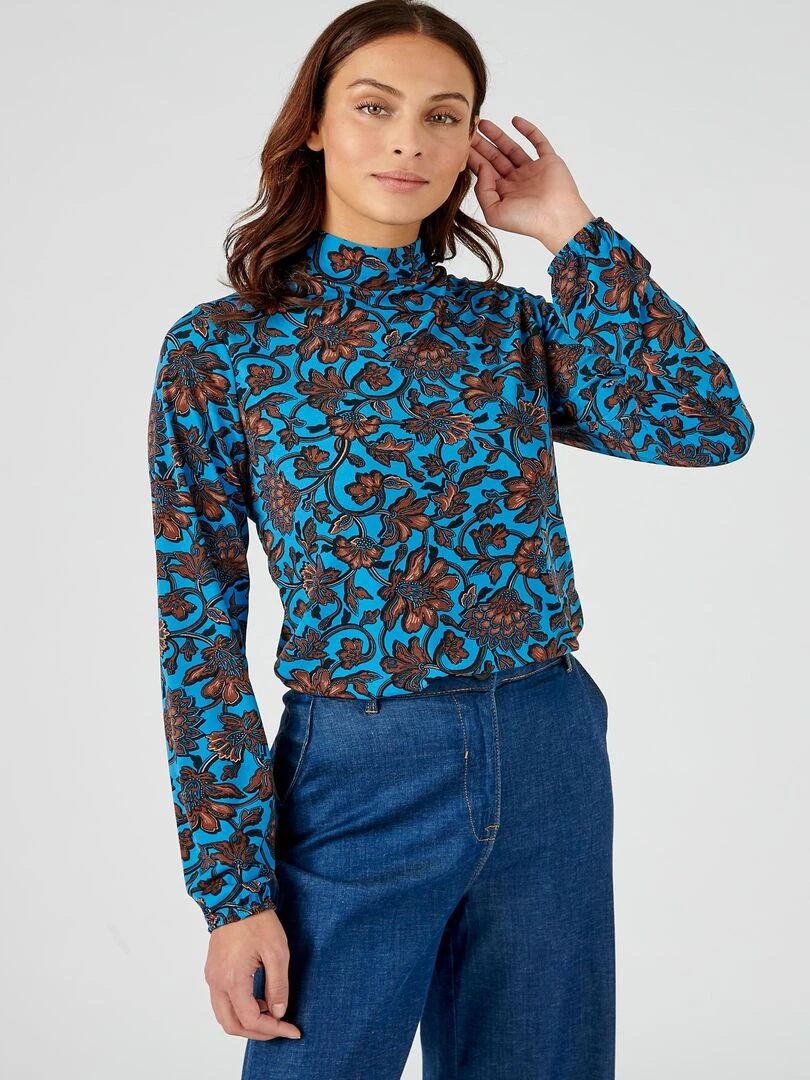 Tee shirt col montant imprimé manches longues Damart Bleu