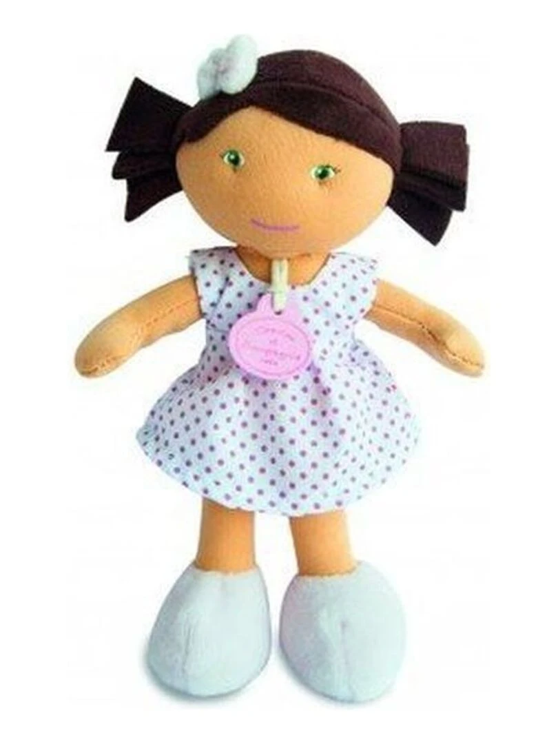 doudou Doudou et compagnie Poupee Marron Metisse Robe Blanche Pois Rose Les demoiselles Pantin Marron