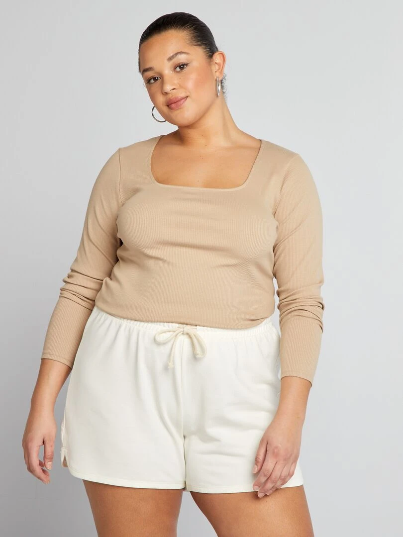Tee shirt côtelé à encolure carrée Beige