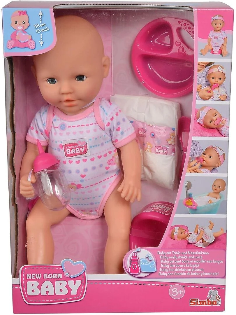 New Born Baby Poupée entièrement en vinyle avec fonction boire et mouiller avec accessoires 38 cm N/A